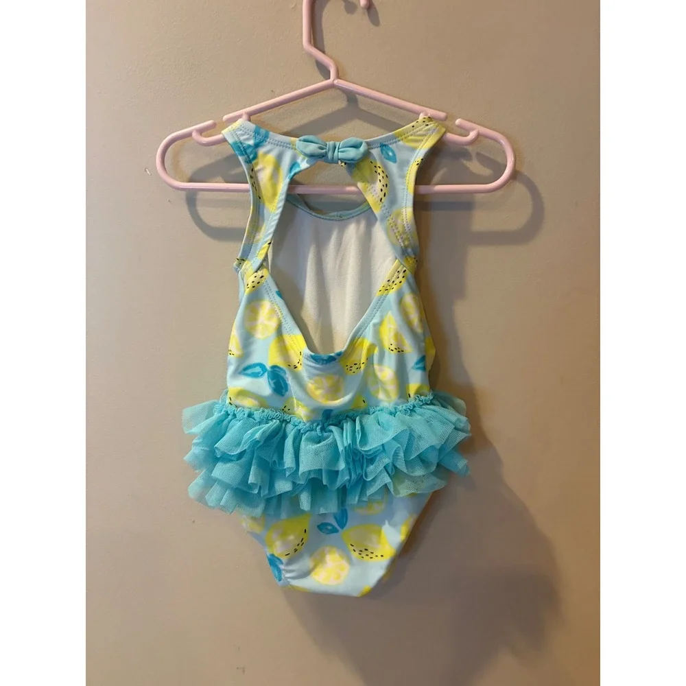 Cat & Jack Baby Girl Lemon Print Tutu Ruffle One Piece Swimsuit Blue 6-9 Months
